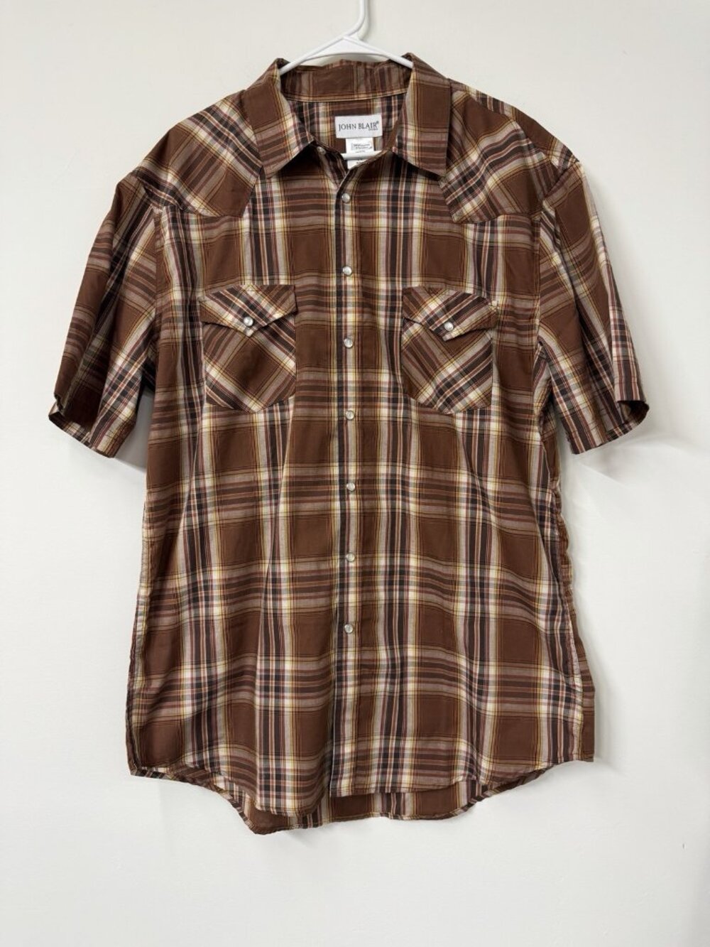 New John Blair Men’s Large Brown Plaid Pearl Snap Shirt Short Sleeve Button Up